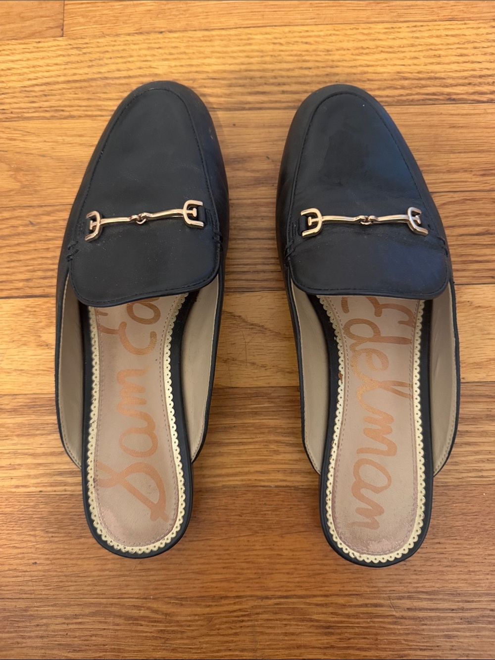Sam Edelman Black Leather Backless Loafers with Gold Bit